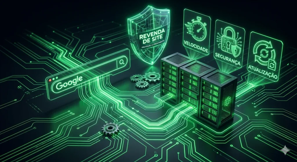 Gráfico de crescimento financeiro em uma tela de computador cercado por ícones de engrenagens e segurança, representando a manutenção mensal de sites.