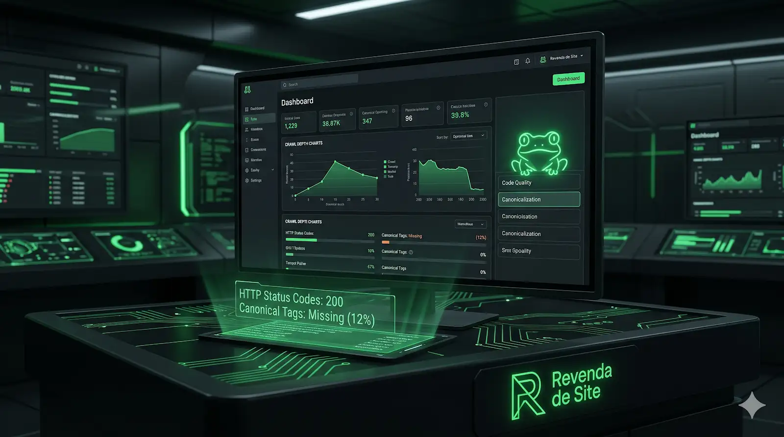 Interface analítica de uma auditoria de SEO técnico com dados de rastreamento do Screaming Frog, integrada à identidade visual neon verde da Revenda de Site.