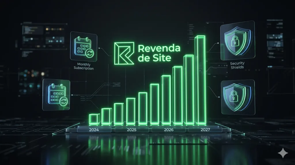 Interface digital mostrando um gráfico de crescimento financeiro constante, com o logo da Revenda de Site e ícones representativos de faturamento mensal.