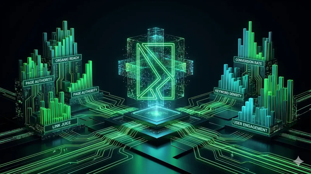 Interface digital de análise competitiva mostrando um site superando concorrentes em um gráfico de barras neon verde