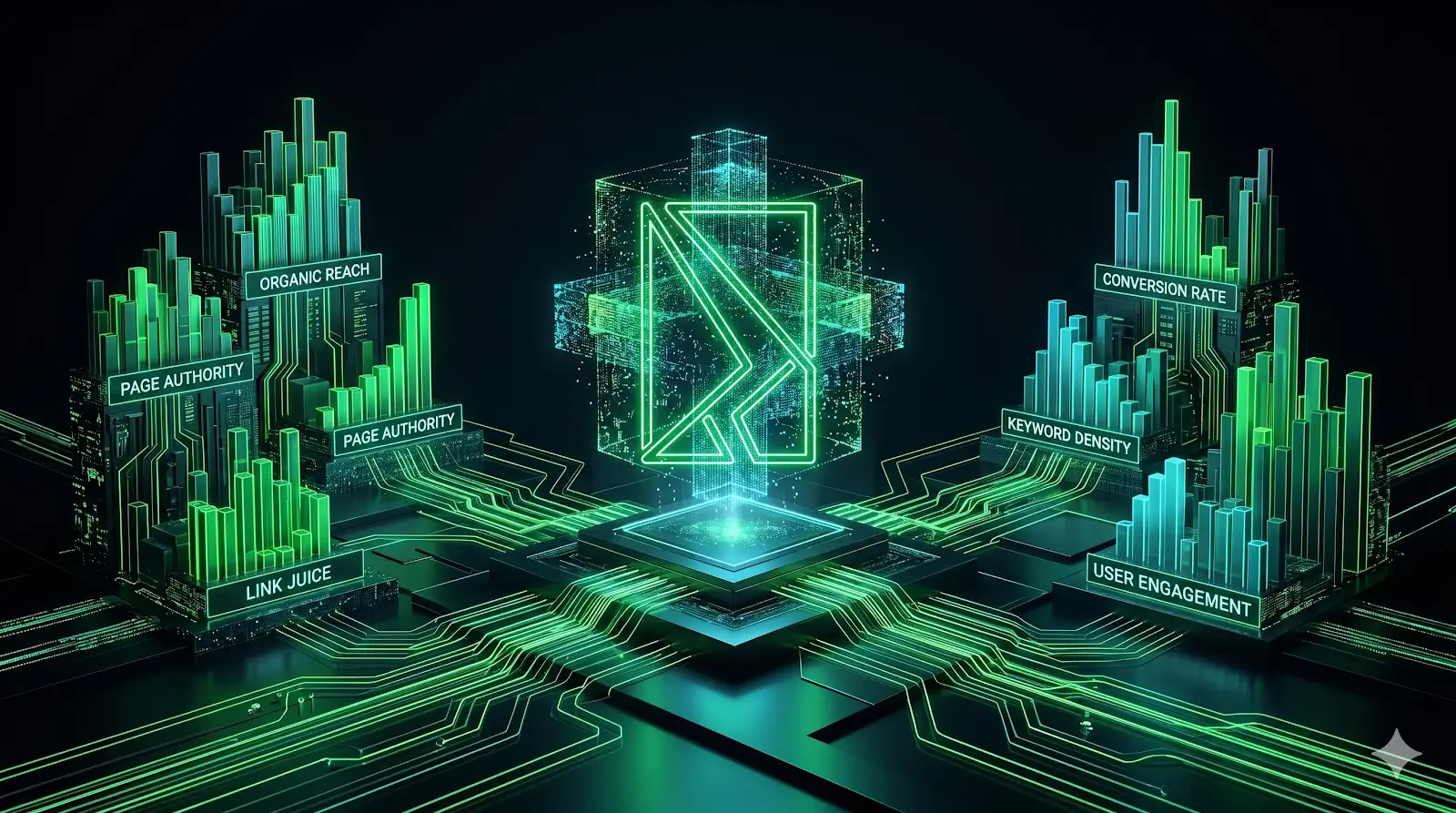 Interface digital de análise competitiva mostrando um site superando concorrentes em um gráfico de barras neon verde