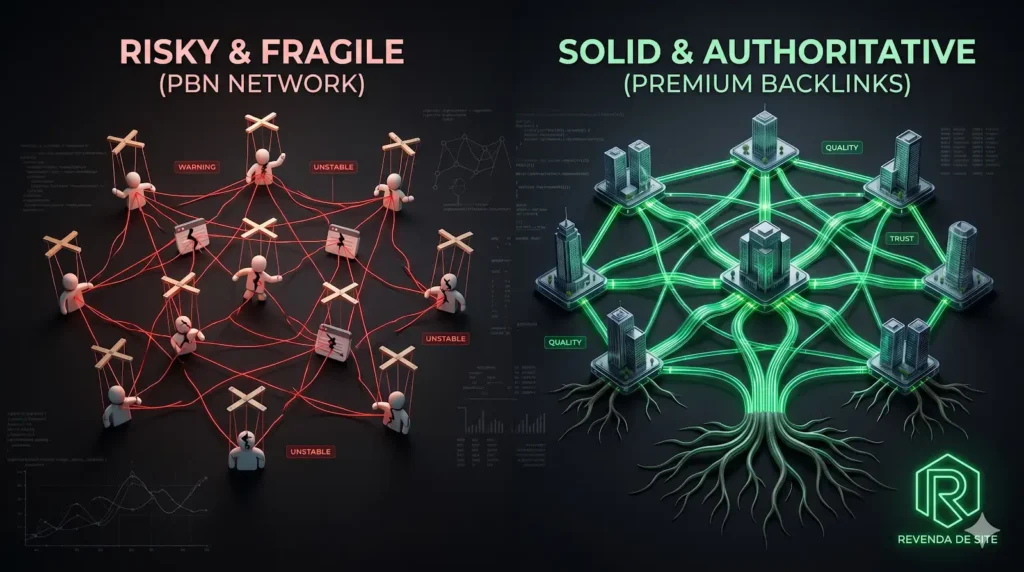 Interface analítica comparando uma rede de links frágil e artificial com uma estrutura de links robusta e natural, destacando a identidade neon verde da Revenda de Site.