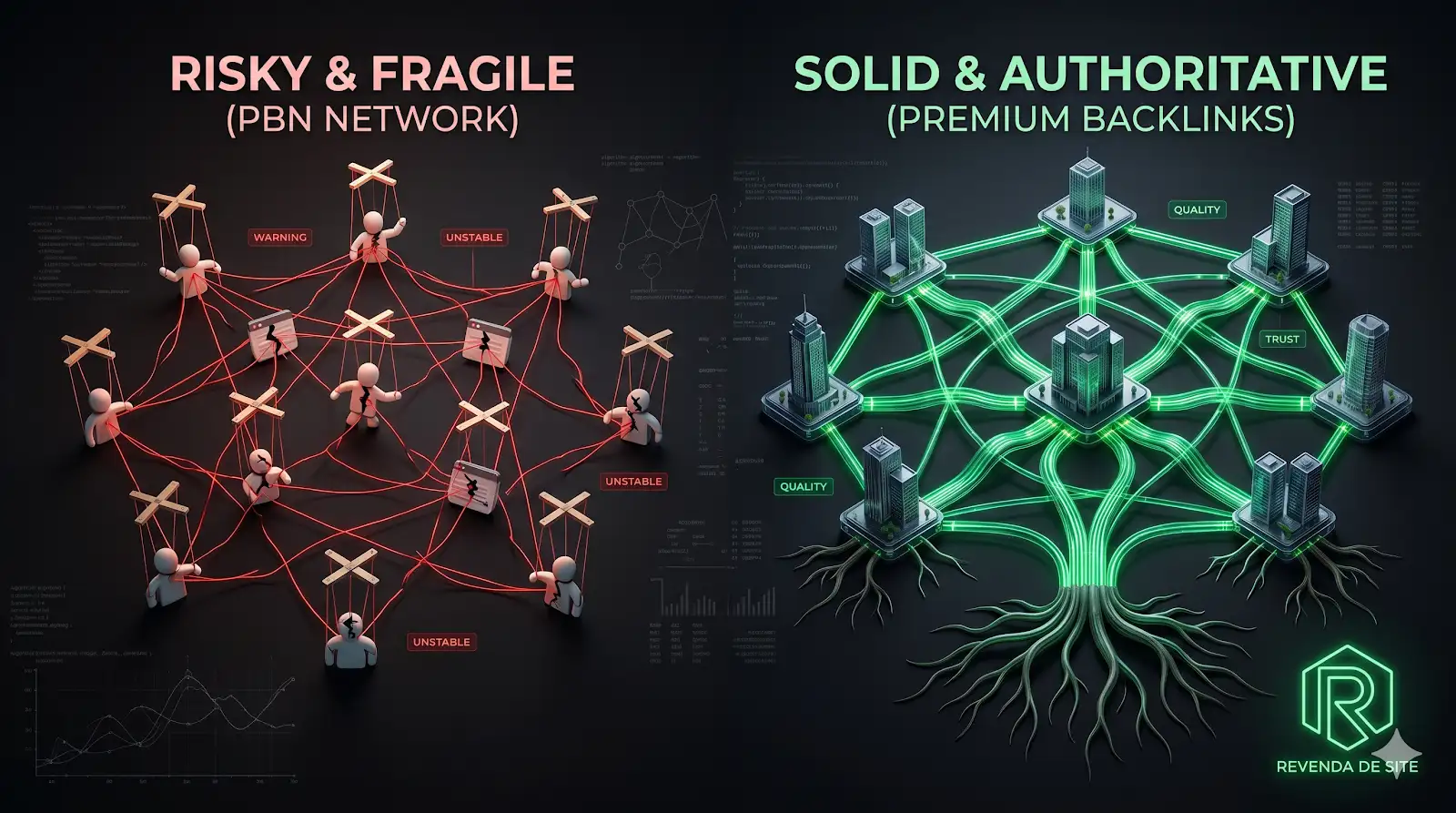 Interface analítica comparando uma rede de links frágil e artificial com uma estrutura de links robusta e natural, destacando a identidade neon verde da Revenda de Site.