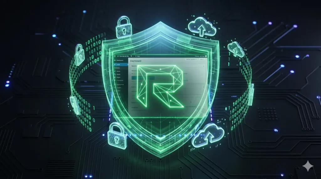 Escudo digital protegendo uma interface WordPress, com o logo neon verde da Revenda de Site em destaque e elementos de segurança cibernética ao redor.