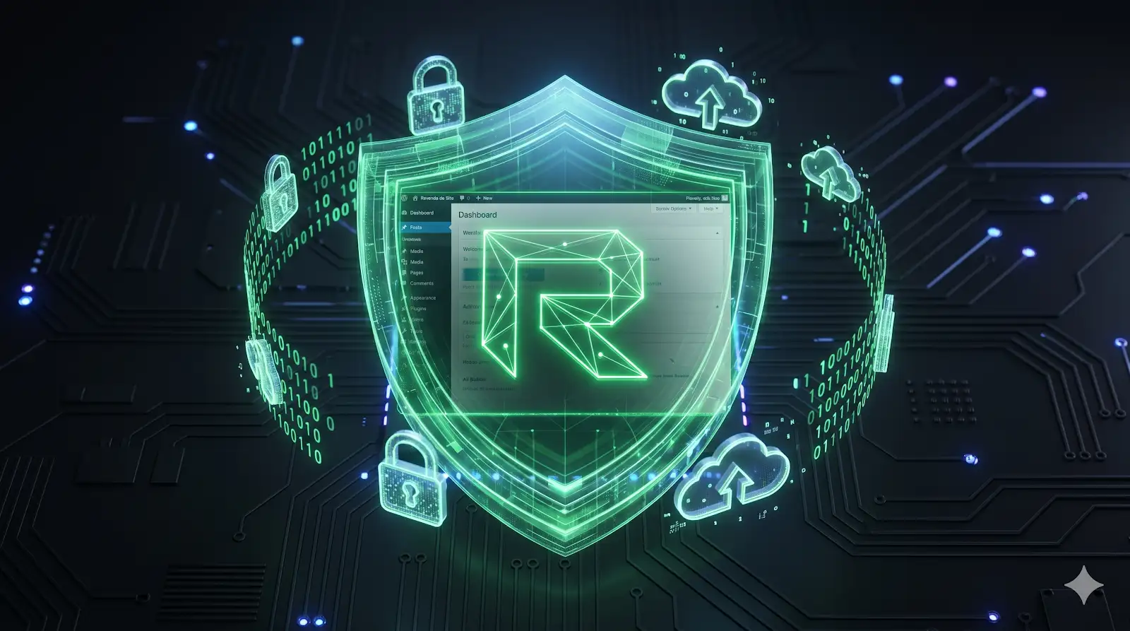 Escudo digital protegendo uma interface WordPress, com o logo neon verde da Revenda de Site em destaque e elementos de segurança cibernética ao redor.
