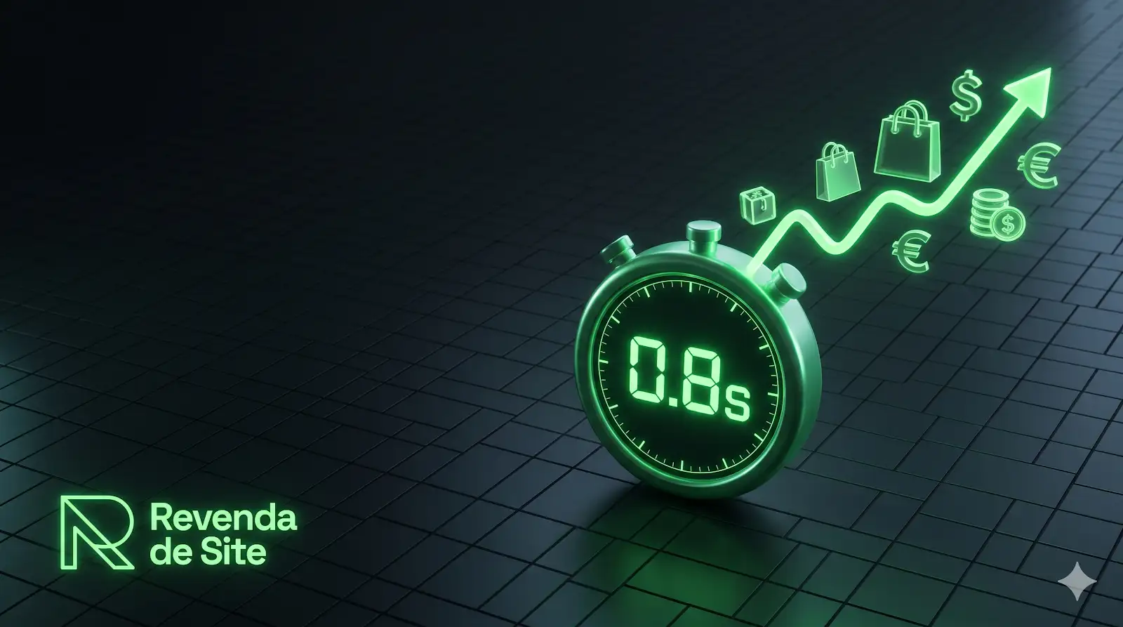 Gráfico conceitual comparando um cronômetro digital veloz a uma linha de crescimento de faturamento e vendas online, com a identidade visual neon verde da Revenda de Site.