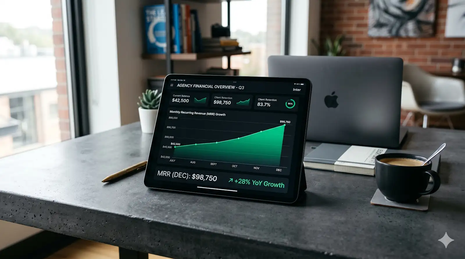 Gráfico digital em tela exibindo o crescimento de receita recorrente mensal acumulada de uma agência de sites, com detalhes em verde neon.