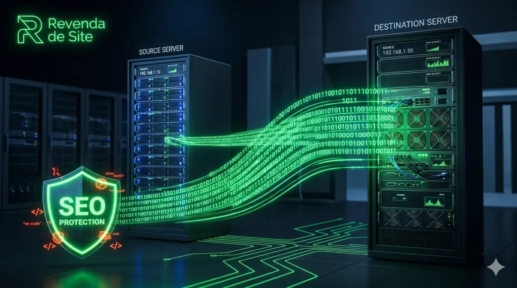 Interface de transferência de dados exibindo barras de progresso seguras e ícones de servidores conectados, com a identidade visual neon verde da Revenda de Site.