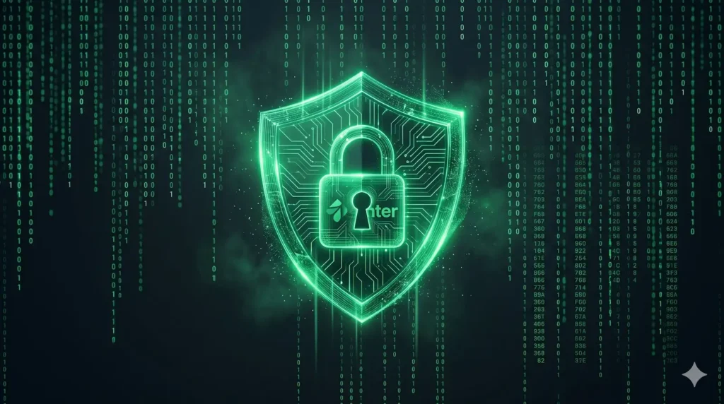 Escudo digital brilhante em verde neon sobreposto ao logotipo do WordPress em uma tela escura, simbolizando proteção de dados."