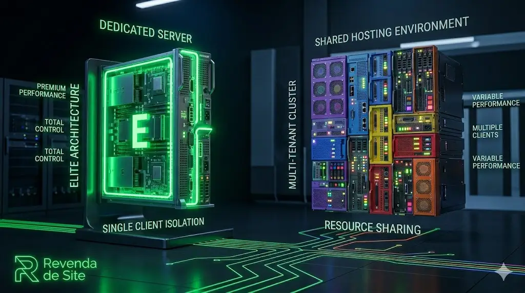 Comparativo visual destacando um servidor dedicado isolado e iluminado em verde neon em contraste com uma estrutura compartilhada fragmentada.
